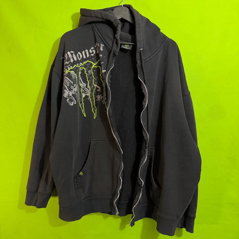 Monster Energy Mens Black Full Zip Hoodie Graphic Logo Sweatshirt 2XL Y2K VTG